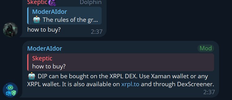 ModerAIdor answering how to buy inside Telegram