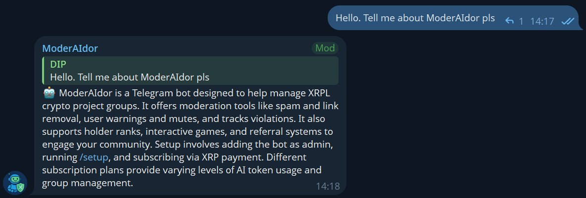 ModerAIdor answering inside Telegram
